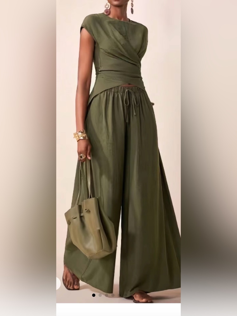 Women 2 pieces top and Wide-Leg Drawstring Pants in military green